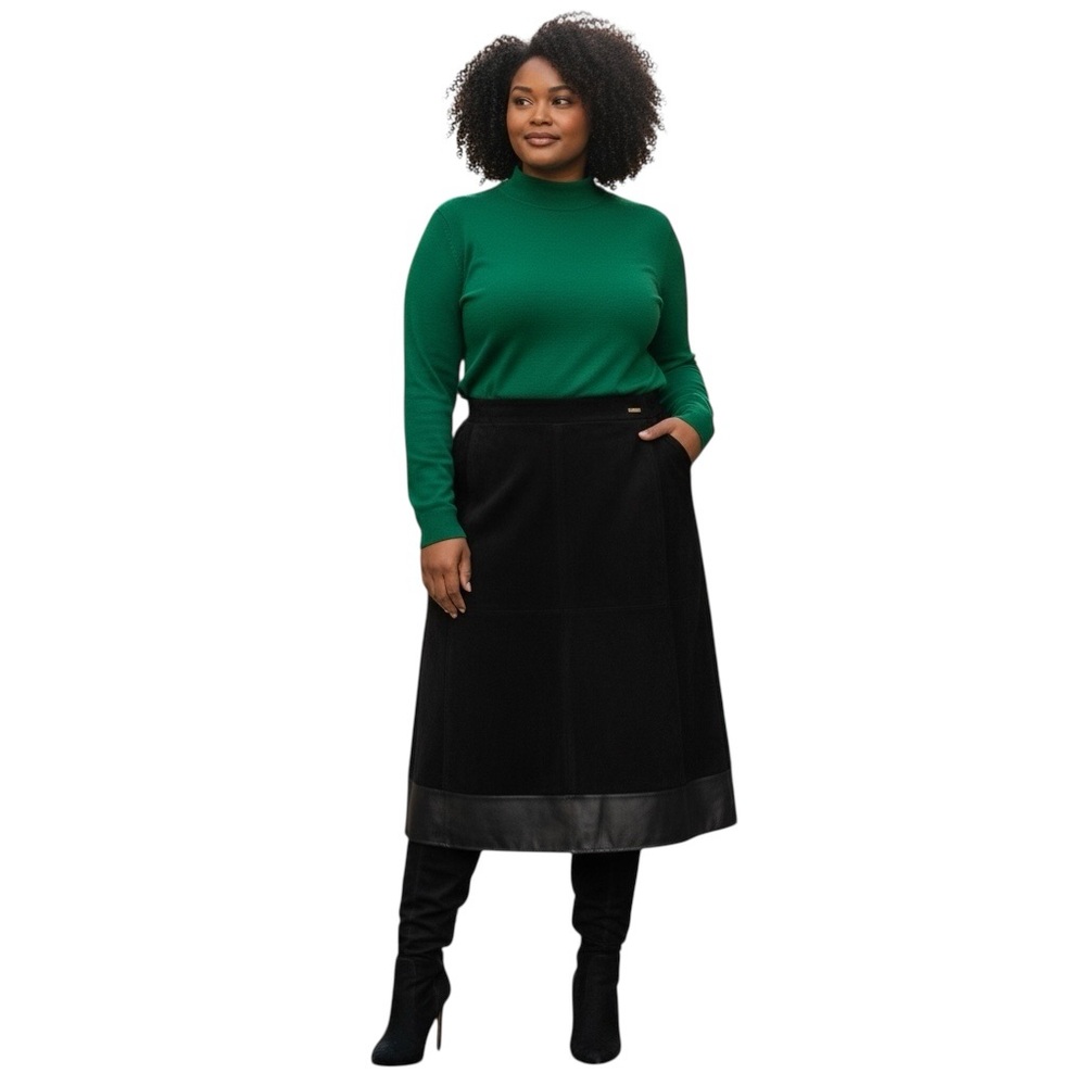 Marc New York Black Faux Suede Leather A-Line Skirt NWT XL Soft Midi Stretch Lux